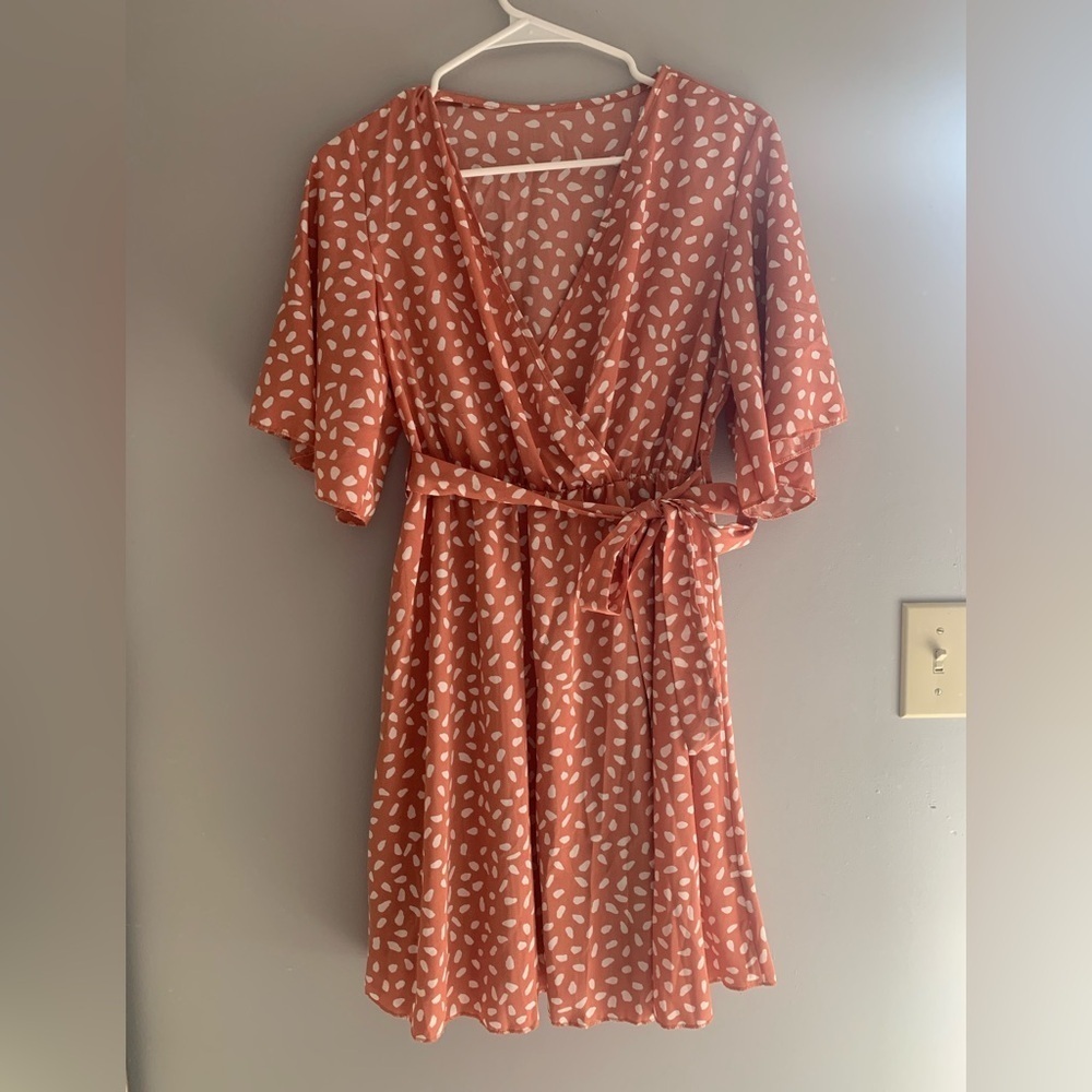Womens SHEIN Orange White Polka Dot Short Flutter Sleeve Wrap V Neck Dress S